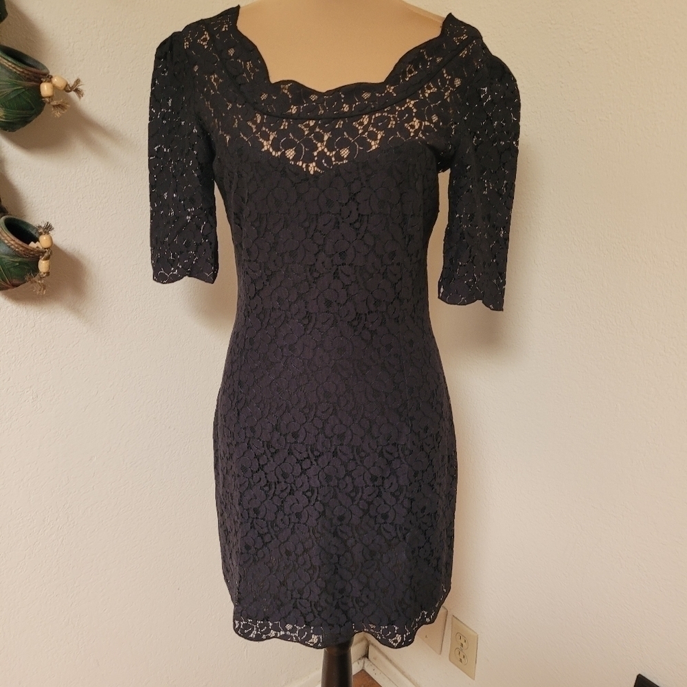 Gat Rimon Black Lace Dress with Scalloped Neckline
